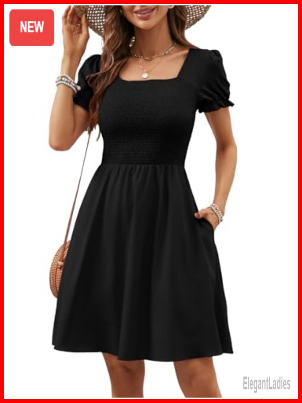 Women's Smocked Mini Sundress with Pockets Square Neck Short Sleeve Boho A-Line